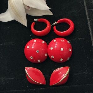 Elegant 3 Pairs Red Vintage Earrings Set